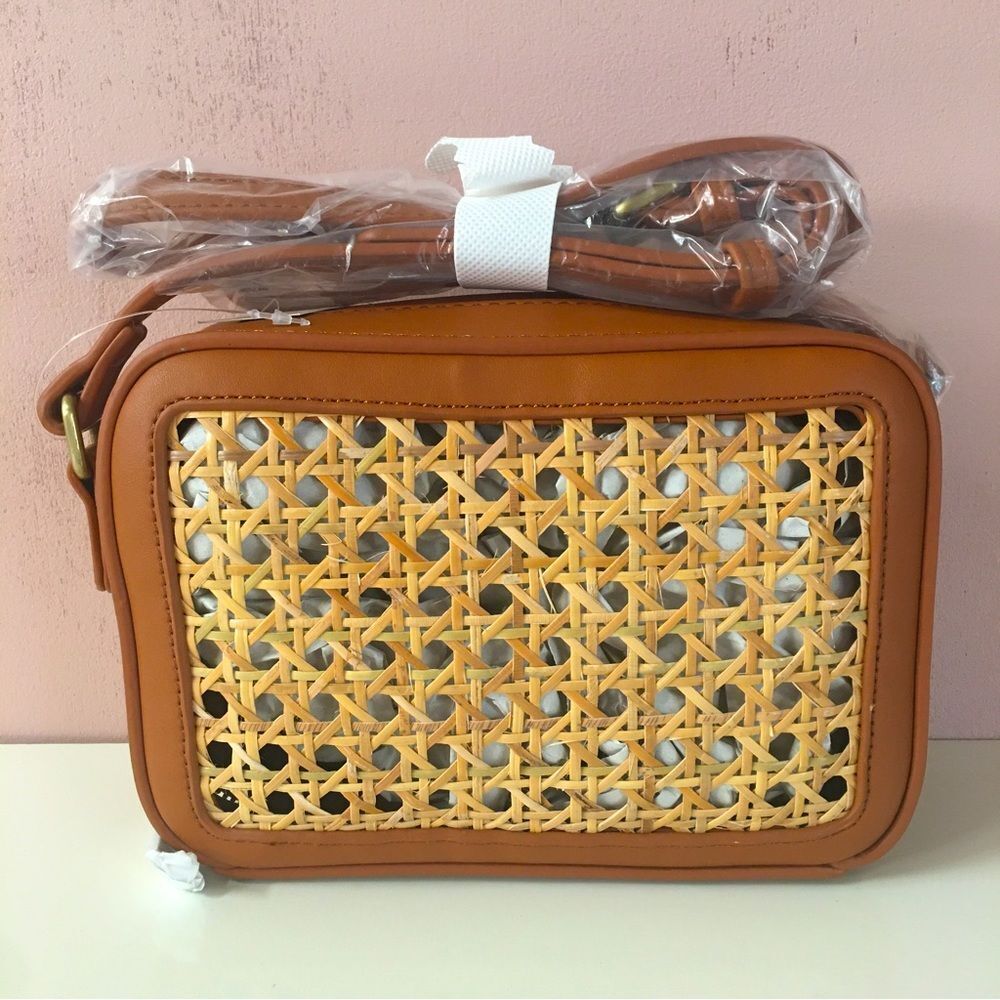 Francesca’s Collections Brown Faux Leather Back Woven Front Crossbody Bag NWT